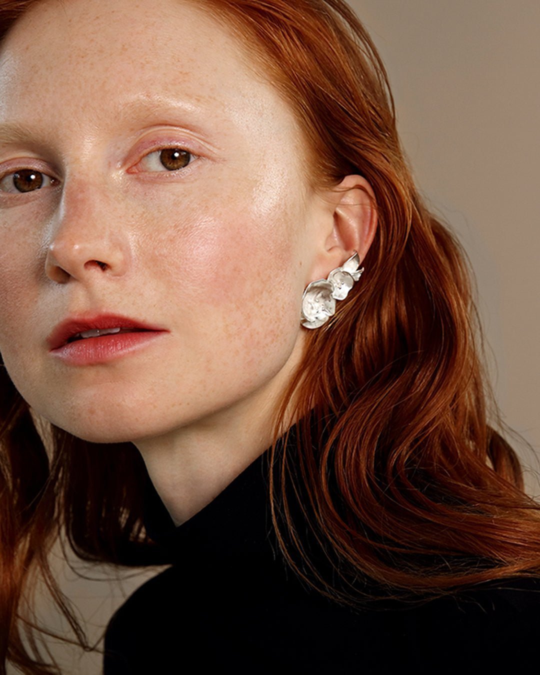 Summer night rose earrings large silver half pair right