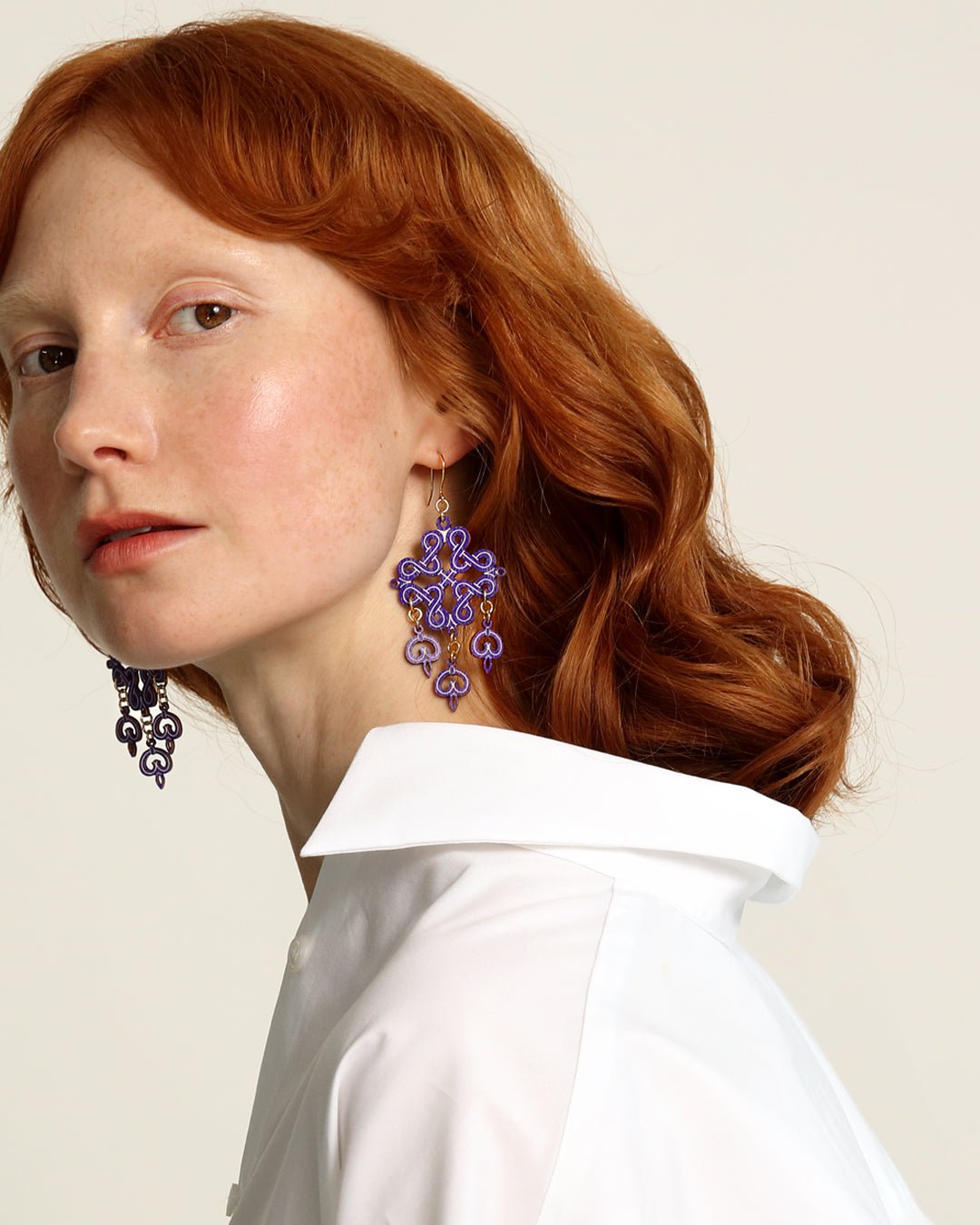 Karelian Plaited Ribbon Motif Plywood Earrings Violet